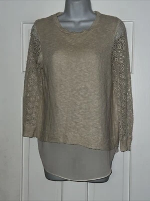 Blusa para mujer Lucky Brand talla mediana beige forrada a ganchillo mangas largas lino/co Foto 1 de 4