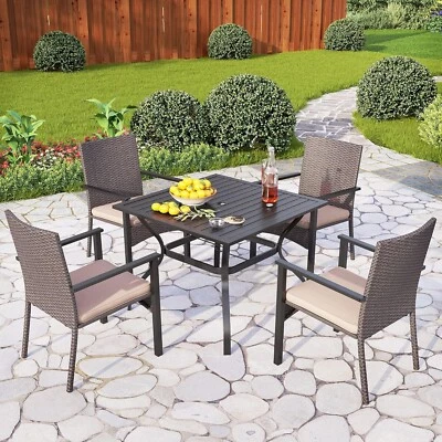 Gartenmöbel Set 4x Rattan Stühle + 1x Metall Tisch Gartenset Draussen Essgruppe - Bild 1 von 4