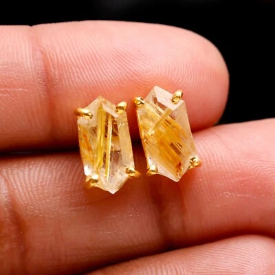 Natural Golden Rutile Hexagon Stud Earrings Gold Fill Solid Silver Jewelry - Image 1 of 4
