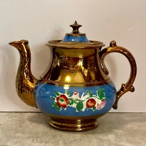 Tetera Antigua - Cobre Lustre Staffordshire Cerámica Azul Cobalto Años 1880 Victoriana - Imagen 1 de 11
