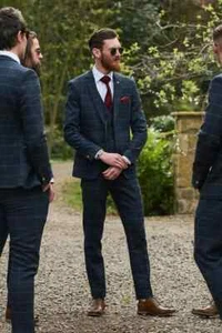 Abito uomo misto lana blu a quadri spina di pesce tweed ufficio smoking abito da sposa - Foto 1 di 11