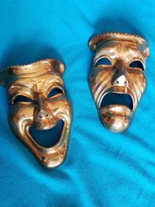 "Máscaras de latón vintage de comedia y tragedia teatro decoración de pared arte drama INDIA 8" - Imagen 1 de 10