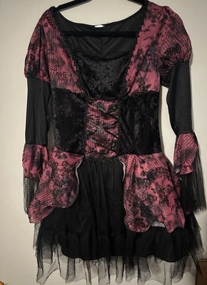 黑色和粉红色 Medievil 哥特女巫服装女式 XS/SM 网眼蕾丝长袖 — 第 1/3 张图片