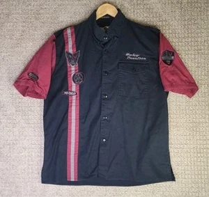 Vtg Harley Davidson Black Red Garage Mechanic Biker Button Up Shirt Large Eagle - Picture 1 of 10