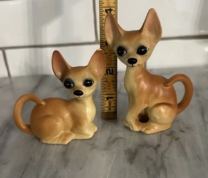 MCM Mid-Century Chihuahua Dog Figurines Porcelain Bisque Big Eyes Sitting Japan - Picture 1 of 9