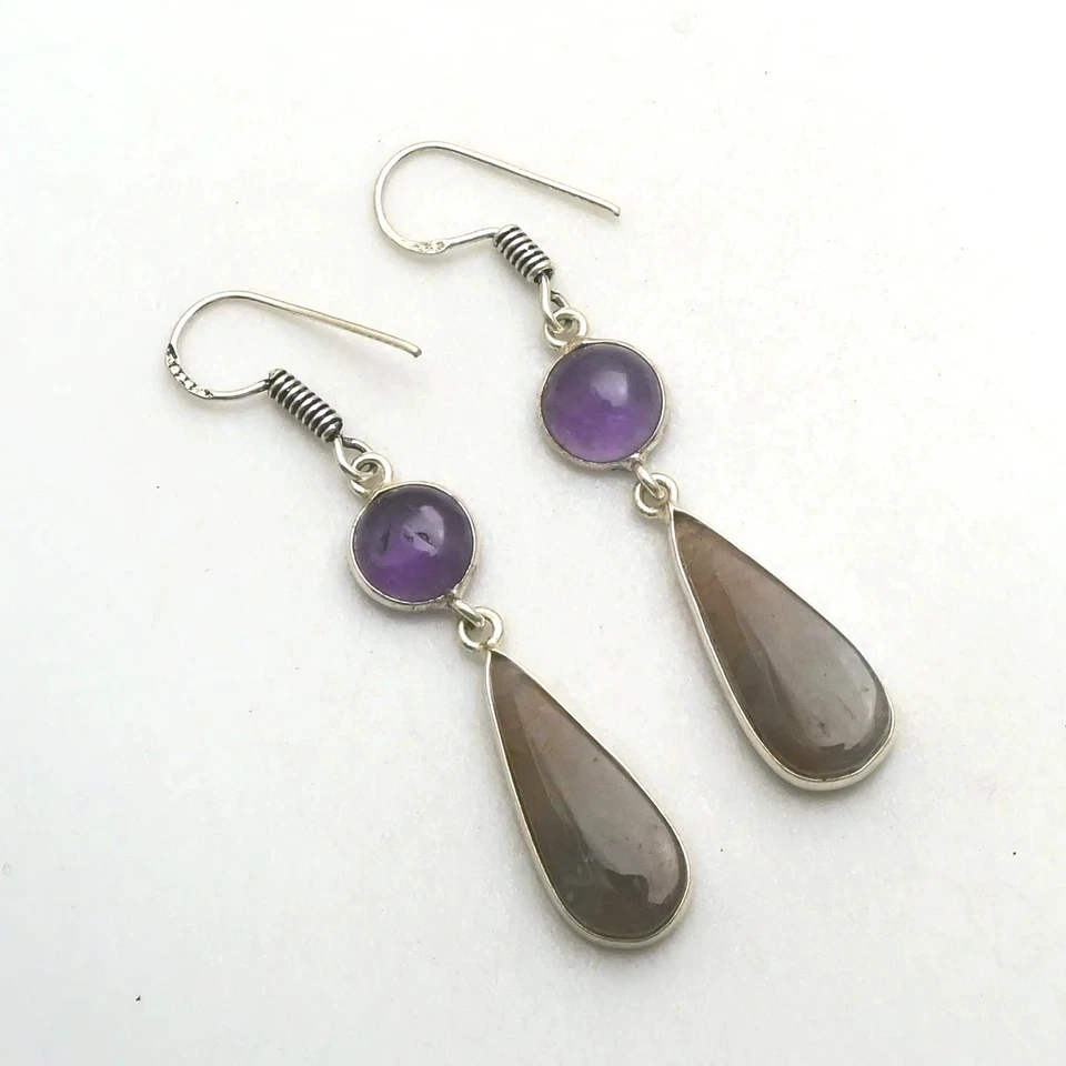 Moss Agate Amethyst Gemstone Handmade Drop Dangle Earrings Jewelry 2.2" AE-89875 - Image 1 of 1