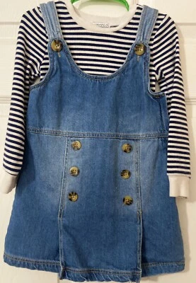 女孩 2 件黑白条纹/蓝色牛仔裤整体连衣裙 FLAPDOODLES 服装  — 第 1/4 张图片