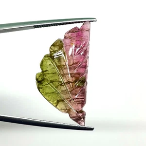 15.2 Cts Bi-Color Carved Natural Tourmaline Leaf Gemstone Pink Green for Jewelry - Picture 1 of 10