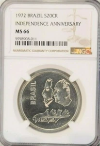 1972 BRAZIL SILVER 20 CRUZEIROS INDEPENDENCE ANNIVERSARY NGC MS 66 GEM BU BEAUTY - Picture 1 of 4