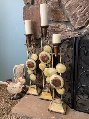 Antiqued Candlestick Holders - Set Of 3 - Rustic Brown Tones- Metal,  Unique Set - Image 1 of 4