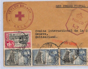 CEYLON *RED CROSS* WW2 KGVI Cover BRCS Cachet GERMAN CENSOR 1942 Geneva YC242