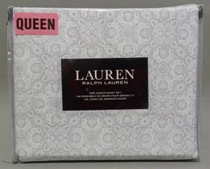 Ralph Lauren Blattset. Queen, 4 Stck., geometrisch Blumenmuster, grau & weiß, neu - Bild 1 von 2