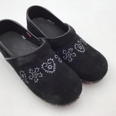Womens 6, EU 36 Sanita Clogs Black Suede/White Embroidery Slip On Comfort Work - Image 1 of 4