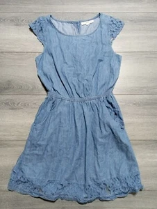 Rewind Dress Adult Small Denim Lace Cap Sleeve & Hem Open Back Pockets Womens - Picture 1 of 6