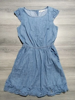 Rewind Dress Adult Small Denim Lace Cap Sleeve & Hem Open Back Pockets Womens - Image 1 of 4
