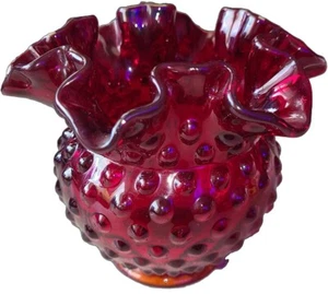Vintage Fenton Deep Ruby Red Amberina Hobnail Ruffled Rose Bowl Vase  - Picture 1 of 6