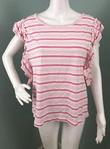 NWT Women's Free Generation Pink/White Striped Ruffle Cap Sleeve Top Sz Large - Picture 1 of 8