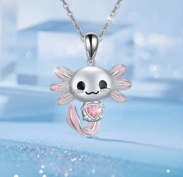 Pingente de cristal rosa Axolotl esmalte colar de prata boêmio novidade colar - Imagem 1 de 1