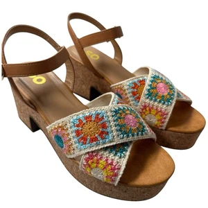 SO Wedge Kavita Sandal Floral Sz 9.5M Brown Vegan Cork Heel Crochet Strap Boho - Picture 1 of 6