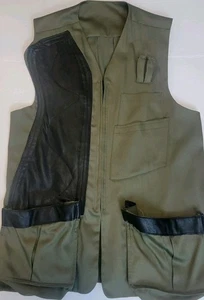 Mens Shooting Trap Vest XL Green Leather Trim Outdoor Pockets zipper front - Picture 1 of 4