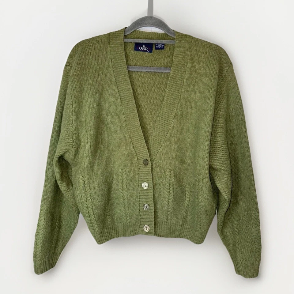 Винтажный OBR ягненка шерсти Angora кардиган свитер женщин большой зеленый кнопка спереди - Изображение 1 из 4