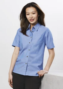 Biz Collection Women Ladies Chambray Blue 100% Cotton Short Sleeve Shirt Top New - Picture 1 of 3