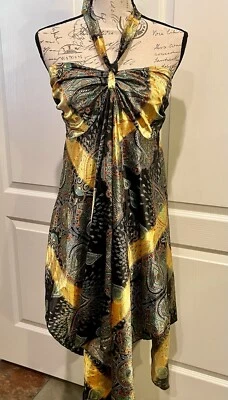 Mujeres Boho Estilo Cachemira Bufanda Sedosa Maxi Halter Vestido Cuello Corbata Negro Dorado Talla M Foto 1 de 4