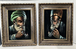 Vintage Schwarz Samt Ölgemälde Naher Osten Mann Rauchen Pfeife 17" x 21" Paar - Bild 1 von 19