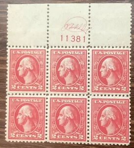Six Stamp Plate Block 1918 2 Cent Washington Offest Print 11 Perf. SC#528 - Picture 1 of 1