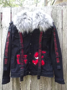 Elite Premium Embroidered Black Denim Fast Life Kids Jacket Size 10-12 Fur Hood - Picture 1 of 7
