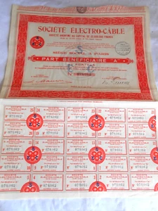 Vintage share certificate Stock Bonds actions Societe Electro Cable paris 1934 - Picture 1 of 3
