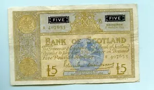 BANCONOTA BANCA DI SCOTLAND SCOZZESE £5 DATATA 7 MARZO 1966 PREFISSO E - Foto 1 di 2