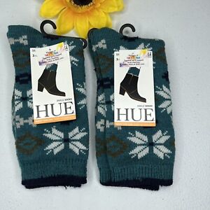 HUE Womens Ankle Boot Socks One Size Teal Fair Isle Atlantis Heather 2 Pair New