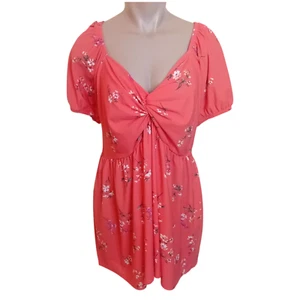 NWOT Plus 2DYE4 Floral Mini Dress Smocked Twist Front Coral Boho Cottagecore 2X - Picture 1 of 16