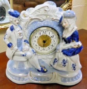 Vintage Porcelain  European Victorian Couple Blue & White Mantle Clock - Nice! - Picture 1 of 6