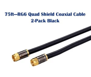 2er-Pack -75 Fuß schwarz RG6 Quad Abschirmung Koaxialkabel für TV-Antenne Satellitenschüssel DVD - Bild 1 von 9