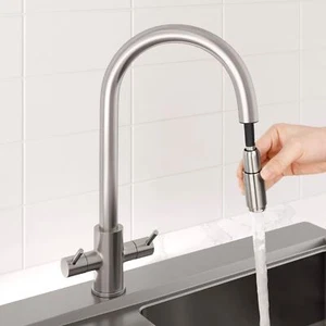 Pull Out Kitchen Tap - Dual Lever Handles Brushed Nickel Modern Deck Mounted - Picture 1 of 11