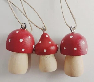 Mini Red Mushroom Christmas Ornaments Set of 3 Polka Dot Wood Hand Painted - Picture 1 of 4