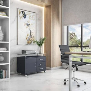 Techni Mobili Accent Cabinet 23"Hx31.5"W Graphite Roll Storage+Frosted Glass Top - Picture 1 of 10
