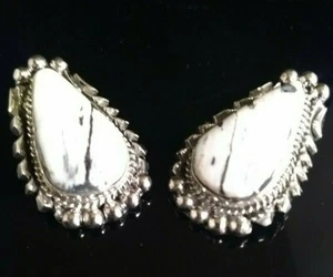 Navajo Signed White Buffalo Turquoise Sterling Silver Earrings By Cecil Atencio - Picture 1 of 12