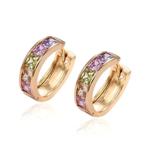 HUGGIES-MULTI-COLOR CRYSTALS GOLD-TONE HOOP EARRINGS: SIZE SMALL - Picture 1 of 7