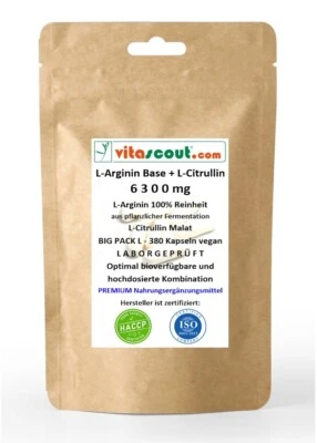 L-ARGININ BASE 100% + CITRULLIN 6300mg 380 Kapseln pflanzlich VEGAN LABORGEPRÜFT - Bild 1 von 4