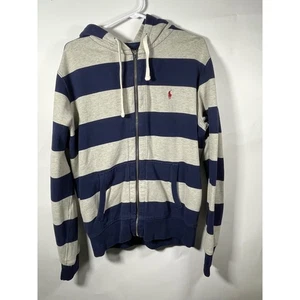Polo Ralph Lauren full zip felpa con cappuccio a righe grigio blu uomo felpa grande - Foto 1 di 8