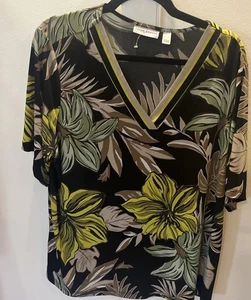 Susan Graver Printed Liquid Knit V-Neck Peplum Tunic. Euc - Picture 1 of 4