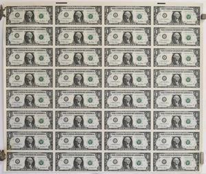 Uncut Sheet of 32 Series 2001 $1 L Federal Reserve Notes San Francisco BEP 03223 - Picture 1 of 4