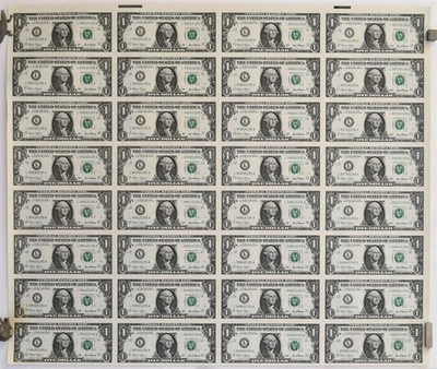 Uncut Sheet of 32 Series 2001 $1 L Federal Reserve Notes San Francisco BEP 03223 - Image 1 of 4