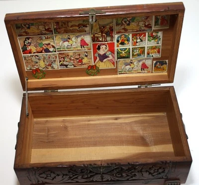 Vintage Carved Wood Cedar Box w/ Antique Disney Snow White Stamps Jewelry Trinke - Image 1 of 4