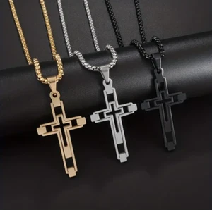 Gold-plated Titanium Steel Multi-Layered Cross Necklace with Box Chain | Faith.. - Picture 1 of 16