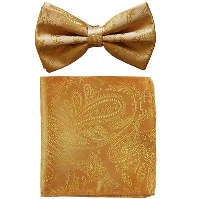 New formal men's pre tied Bow tie & hankie set paisley pattern gold wedding  - Image 1 of 4