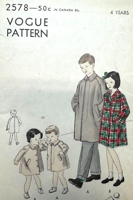 Vintage 1950s Coat Pattern Boys Girls Lined Coat 2 Collars Button VOGUE 2579 Sz4 - Image 1 of 4